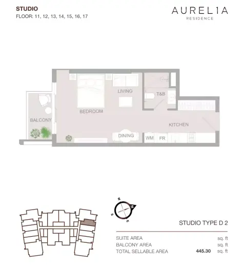 Aurel1A Residence: Floor plan Type D2, 445 sq ft