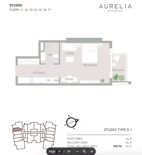 Aurel1A Residence: Floor plan Type D1, 445 sq ft