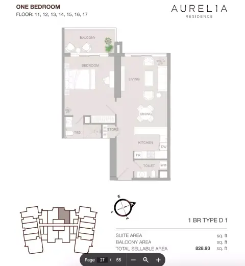 Aurel1A Residence: Floor plan Type D1, 828 sq ft