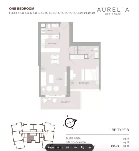 Aurel1A Residence: Floor plan Type B, 861 sq ft