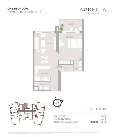 Aurel1A Residence: Floor plan Type D2, 828 sq ft