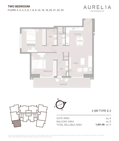 Aurel1A Residence: Floor plan Type E2, 1,261 sq ft