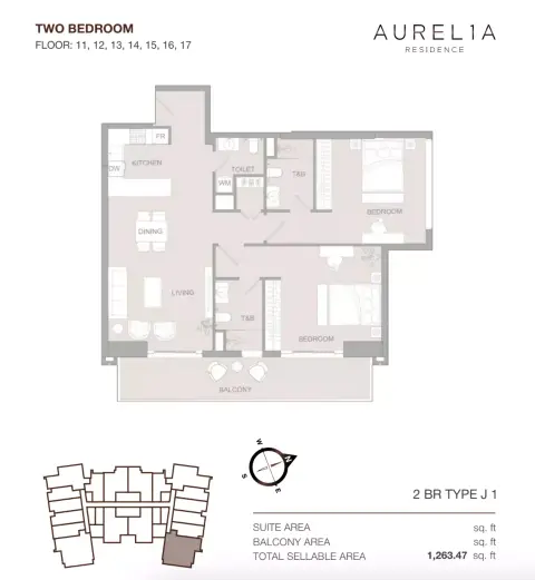 Aurel1A Residence: Floor plan Type J1, 1,263 sq ft