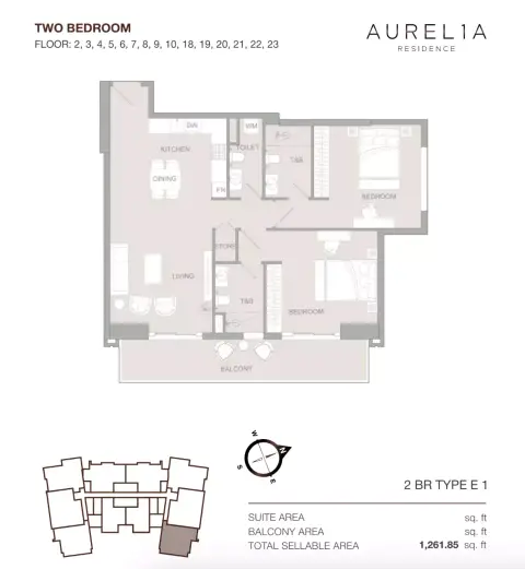 Aurel1A Residence: Floor plan Type E1, 1,261 sq ft