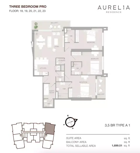 Aurel1A Residence: Floor plan Type A1, 1,699 sq ft