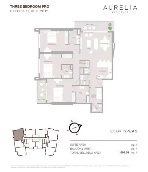 Aurel1A Residence: Floor plan Type A2, 1,699 sq ft