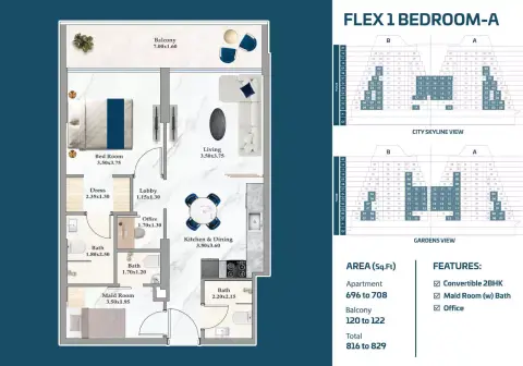 Sparklz: Floor plan Type A, 816 sq ft