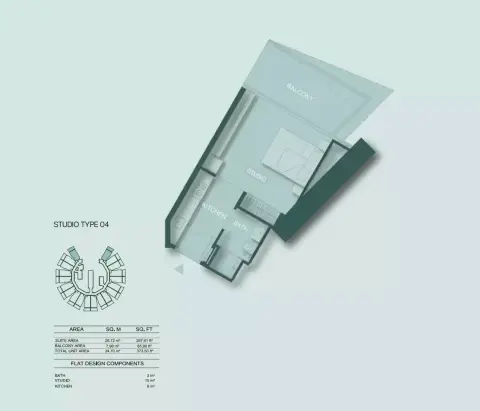 Binghatti Circle: Floor plan Type D, 373 sq ft