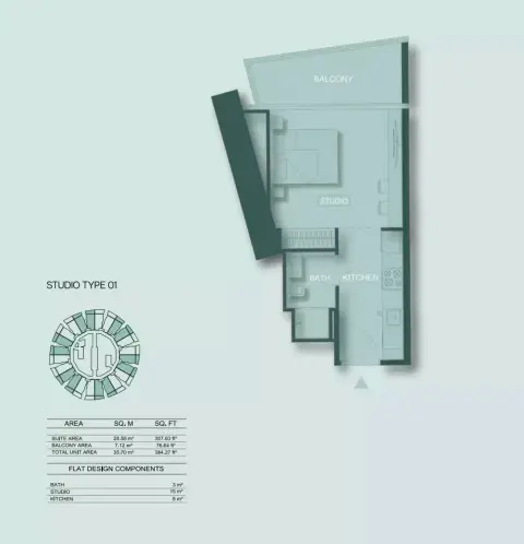 Binghatti Circle: Floor plan Type A, 384 sq ft