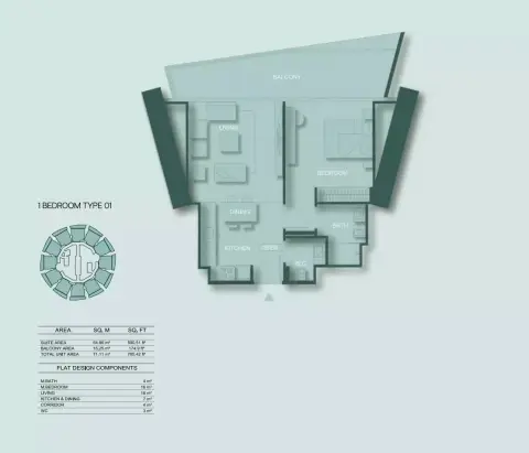 Binghatti Circle: Floor plan Type A, 765 sq ft