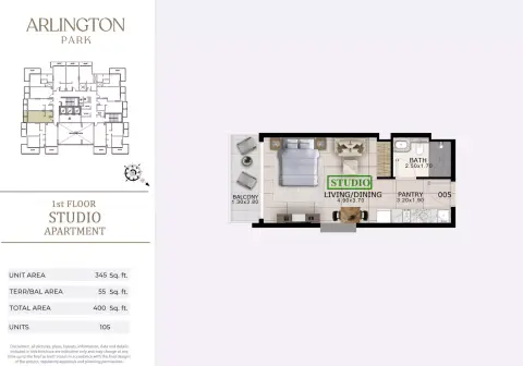 أرلينغتون بارك: مخطط الطابق Type 105, 400 sq ft
