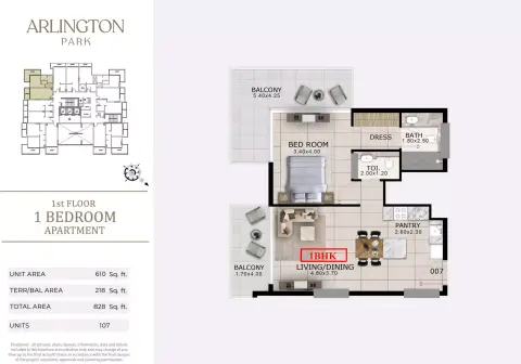 أرلينغتون بارك: مخطط الطابق Type 107, 828 sq ft