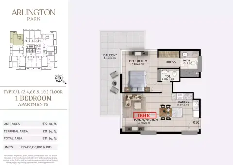 أرلينغتون بارك: مخطط الطابق Type 210,410,610,810&1010, 831 sq ft