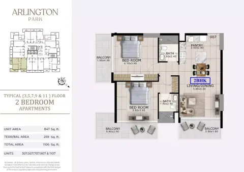 أرلينغتون بارك: مخطط الطابق Type 307,507,707,907&1107, 1,106 sq ft