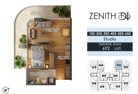 زينيث دي1: مخطط الطابق Type 1, 692 sq ft
