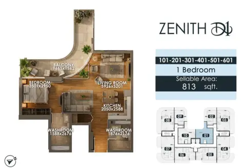 زينيث دي1: مخطط الطابق Type 1, 813 sq ft