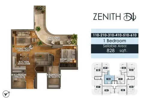 زينيث دي1: مخطط الطابق Type 2, 828 sq ft