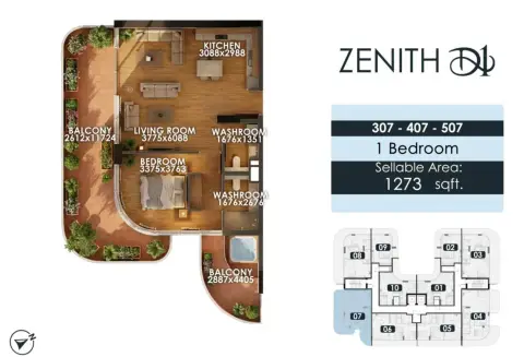 زينيث دي1: مخطط الطابق Type 4, 1,273 sq ft
