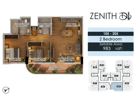 زينيث دي1: مخطط الطابق Type 3, 983 sq ft