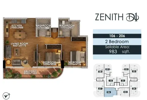 زينيث دي1: مخطط الطابق Type 4, 983 sq ft