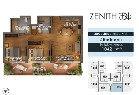 زينيث دي1: مخطط الطابق Type 6, 1,042 sq ft