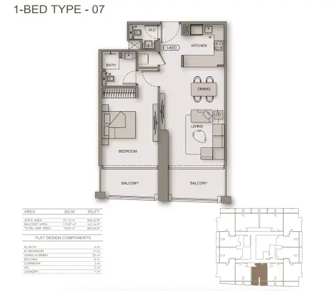 Binghatti Moonlight: Floor plan Type 07, 805 sq ft