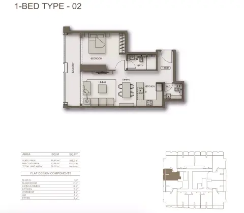 Binghatti Moonlight: Floor plan Type 02, 746 sq ft