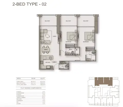 Binghatti Moonlight: Floor plan Type 02, 1,186 sq ft