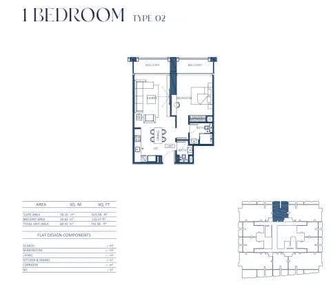 Binghatti Twilight: Floor plan Type 02, 741 sq ft