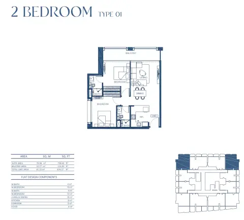 Binghatti Twilight: Floor plan Type 01, 874 sq ft