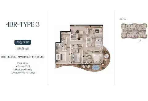 AGUA Residences: Floor plan Type 3-Tower A, 1,834 sq ft