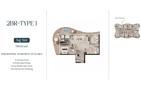 AGUA Residences: Floor plan Type 1-Tower B, 1,386 sq ft