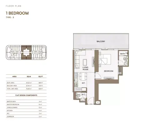 Binghatti Skyhall: फ़्लोर प्लान Type 3, 825 sq ft