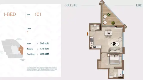 Celeste: Floor plan Unit 101, 731 sq ft
