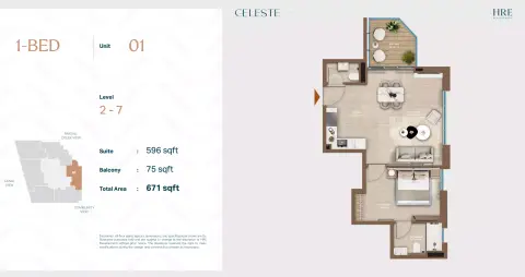 Celeste: Floor plan Unit 01, 671 sq ft