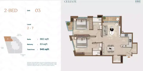 Celeste: Floor plan Unit 03, 945 sq ft