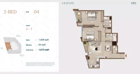 Celeste: Floor plan Unit 04, 1,073 sq ft