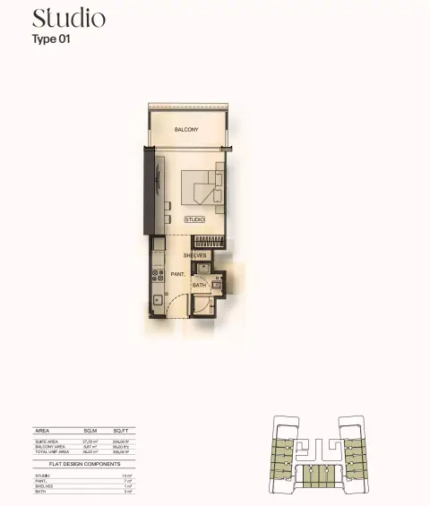 Binghatti Hillside: Floor plan Type 01, 390 sq ft