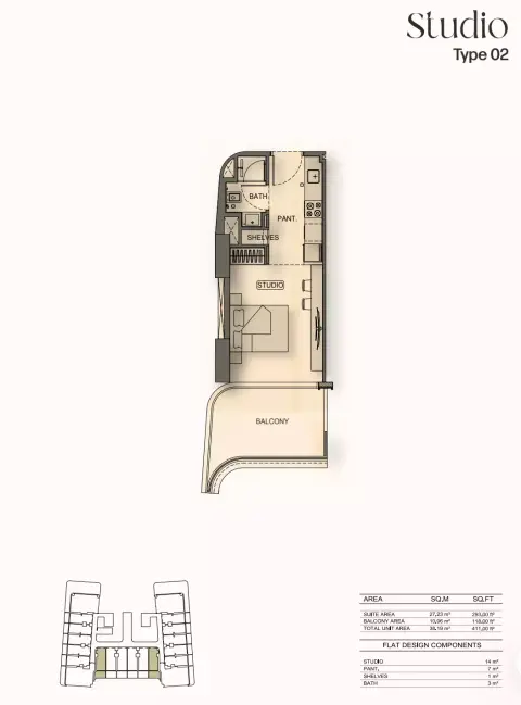 Binghatti Hillside: Floor plan Type 02, 411 sq ft