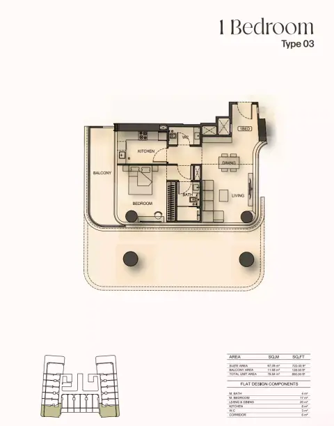 Binghatti Hillside: Floor plan Type 03, 850 sq ft
