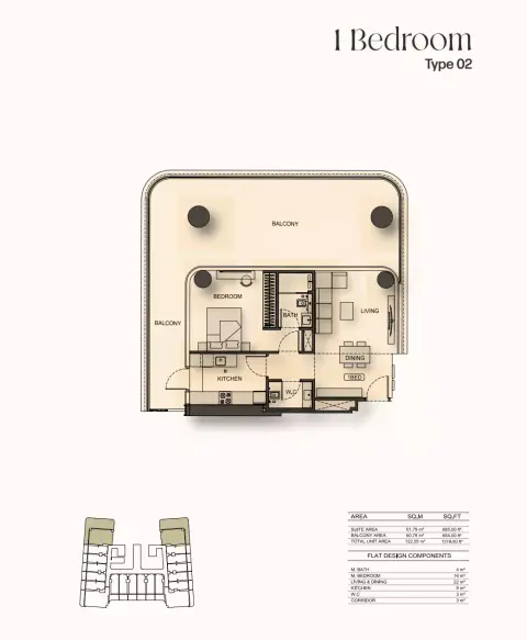 Binghatti Hillside: Floor plan Type 02, 1,319 sq ft