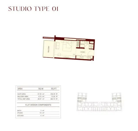Binghatti Ruby: Floor plan Type 1, 366 sq ft