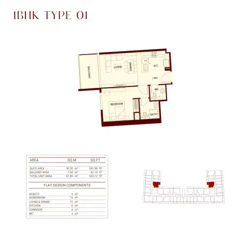 Binghatti Ruby: Floor plan 1BHK Type 01, 623 sq ft