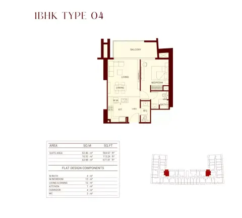 Binghatti Ruby: Floor plan 1 BHK Type 04, 678 sq ft
