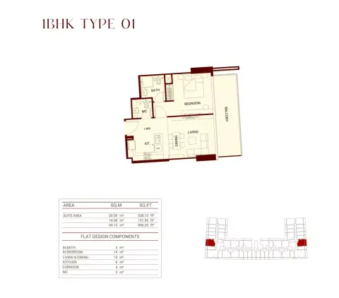 Binghatti Ruby: Floor plan 1BHK Type 01, 690 sq ft
