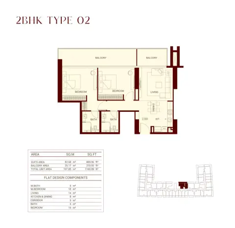 Binghatti Ruby: Floor plan 2 BHK Type 02, 1,161 sq ft