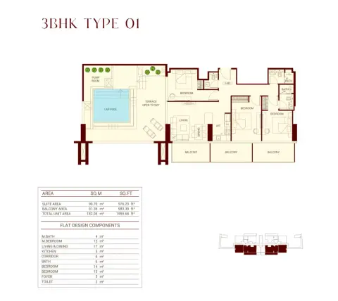 Binghatti Ruby: Floor plan 3 BHK Type 01, 1,960 sq ft