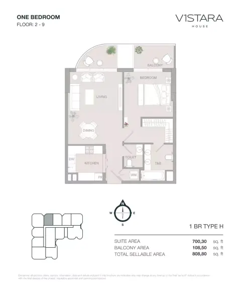 في1ستارا هاوس: مخطط الطابق Type H, 808 sq ft