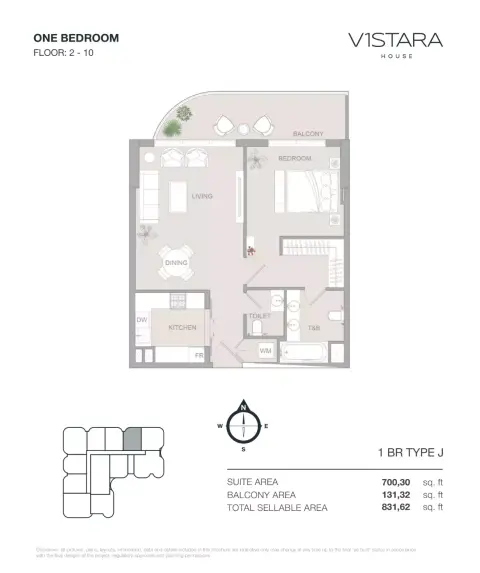 في1ستارا هاوس: مخطط الطابق Type J, 831 sq ft