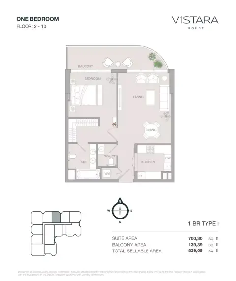 في1ستارا هاوس: مخطط الطابق Type I, 839 sq ft